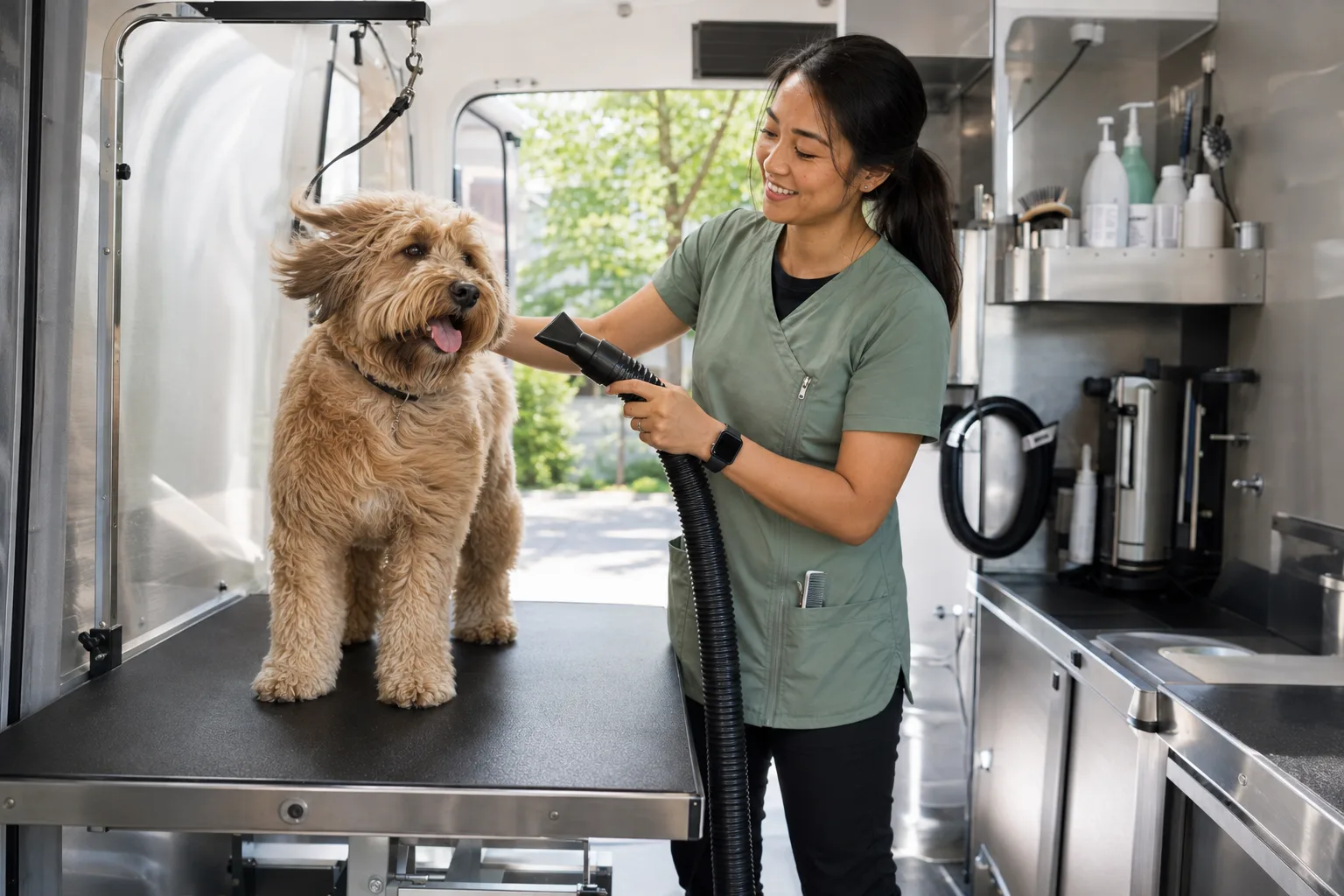 A mobile groomer blow-drying a doodle on the grooming table in her van, shelves of shampoo and supplies stocked beside her.