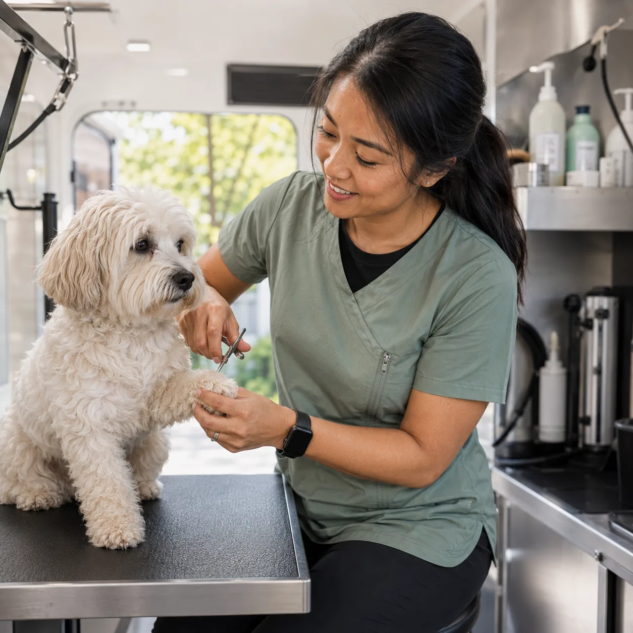 A mobile groomer trimming a small white dog’s paw at the grooming table inside her van.