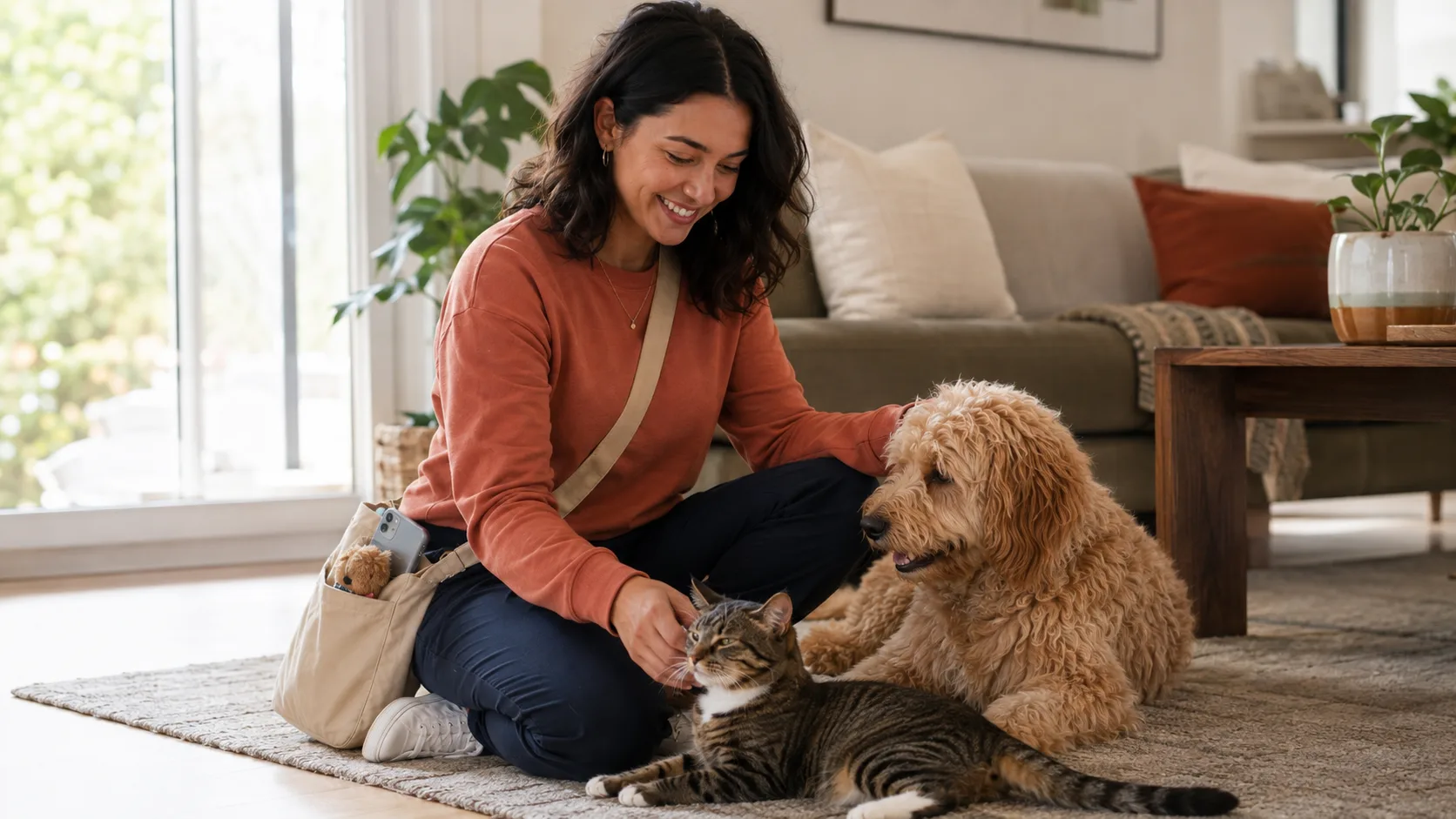 A pet sitter kneeling in a client’s living room, greeted by the family dog and a tabby cat.