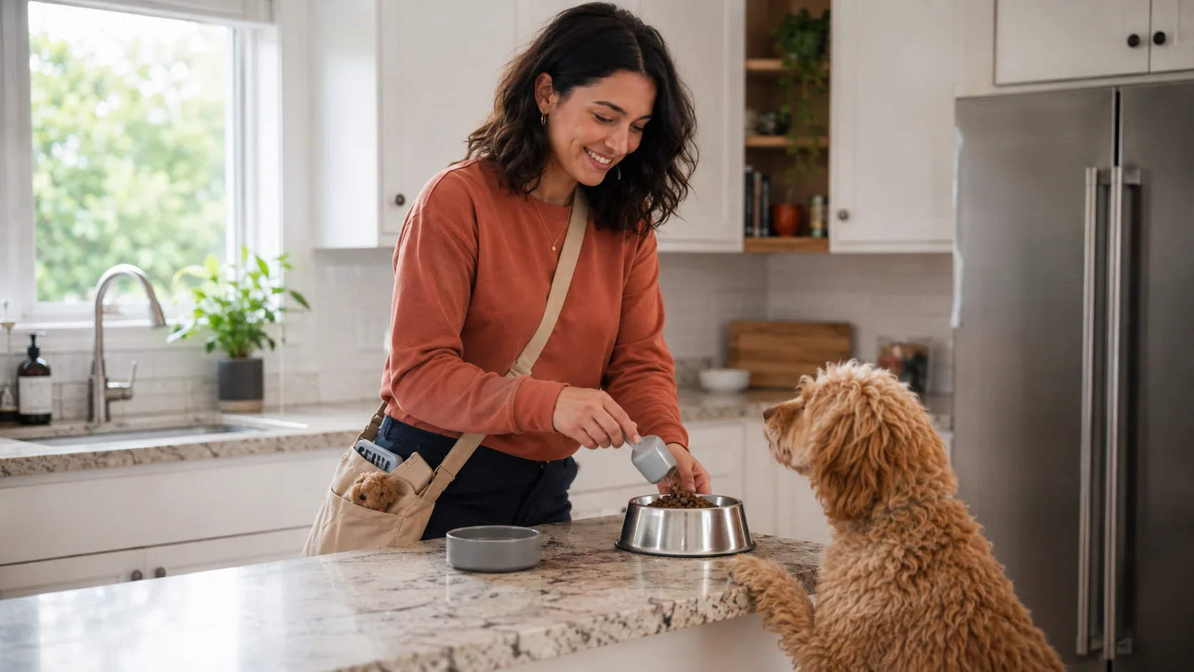 A pet sitter preparing a dog’s meal in a client’s kitchen.